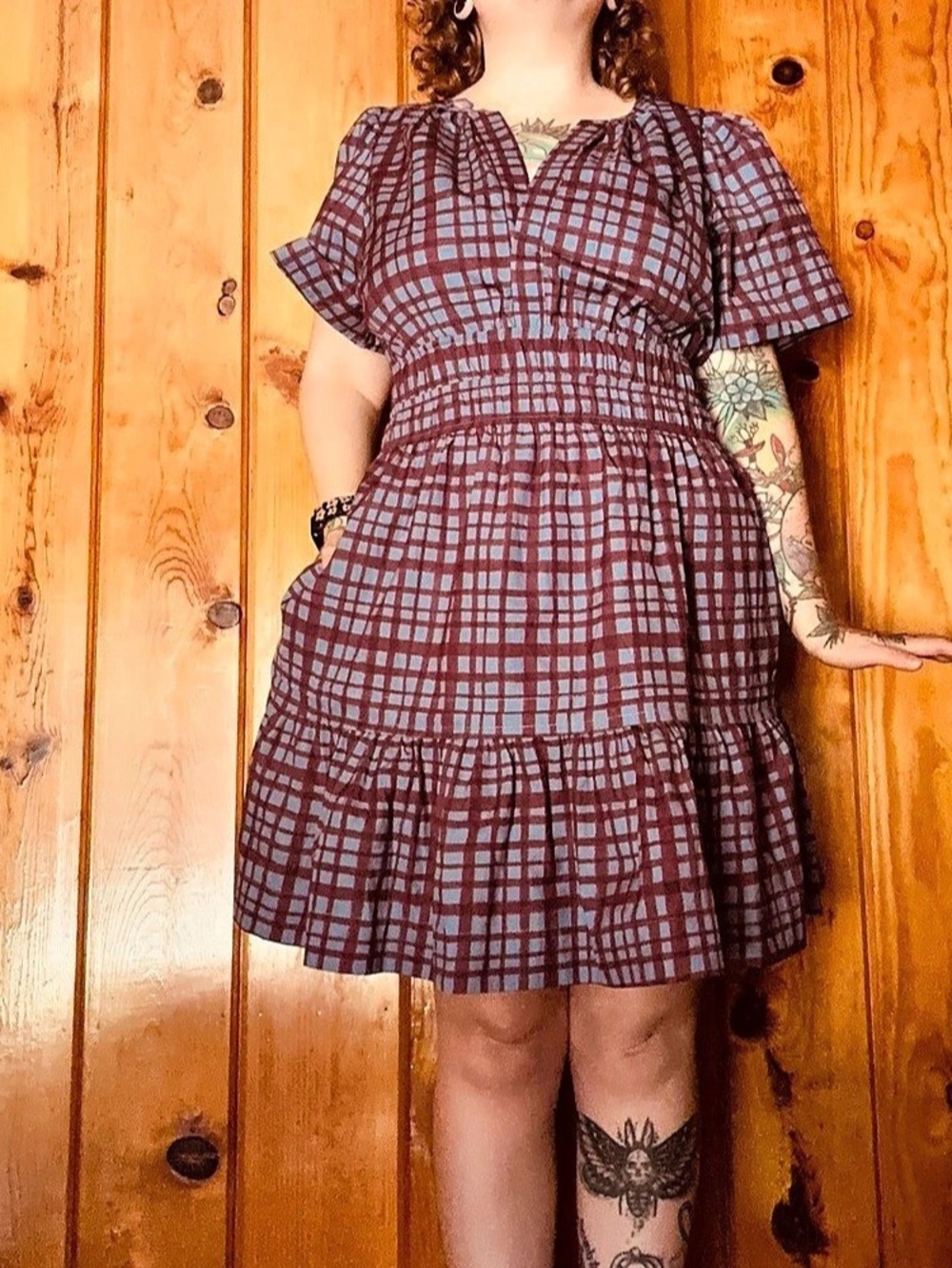 Anthropologie Somerset Puff-Sleeve Plaid Mini Dress Blue & Purple Large